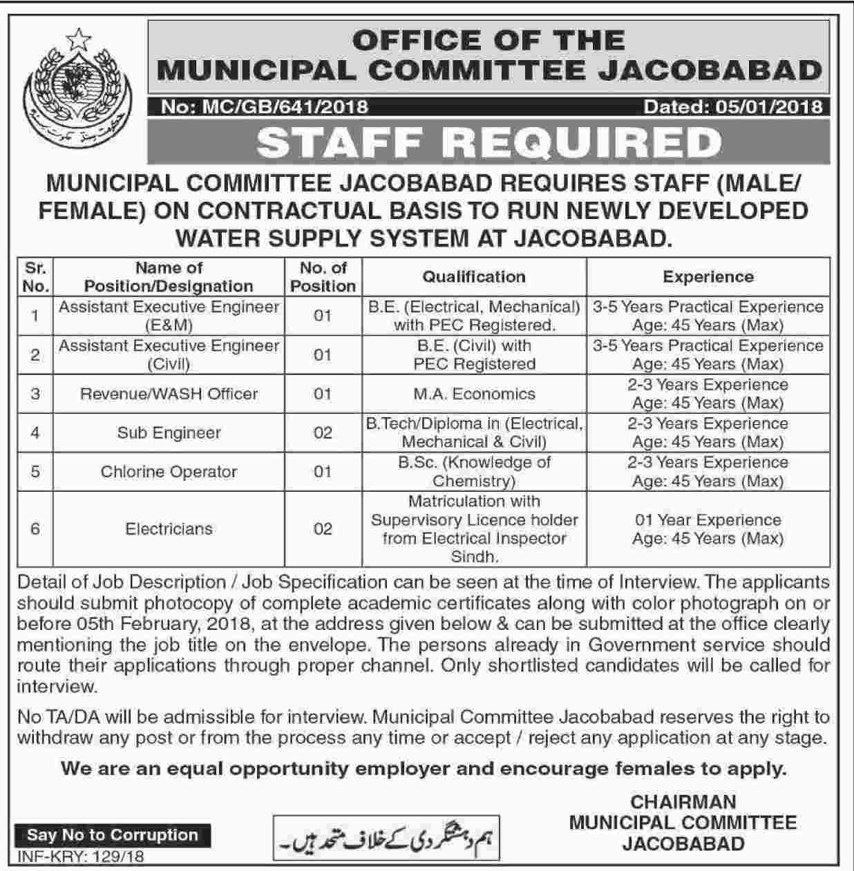 Jobs In Municipal Committee Jacobabad 10 Jan 2018