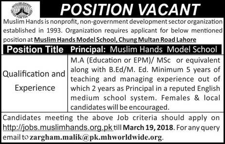 Jobs In Muslim Hands Lahore 14 Mar 2018