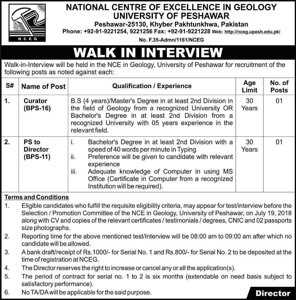Jobs in National Center of Excellence in Geology Peshawar 11 July 2018