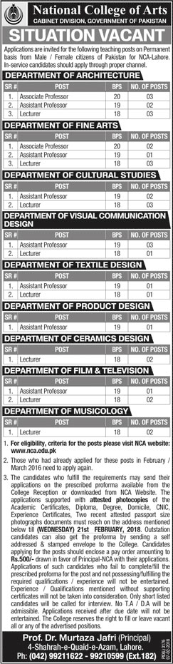 Jobs In National College Of Arts 07 Feb 2018