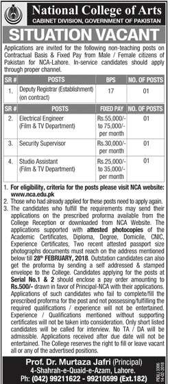 Jobs in National College of Arts in Lahore 14 Feb 2018
