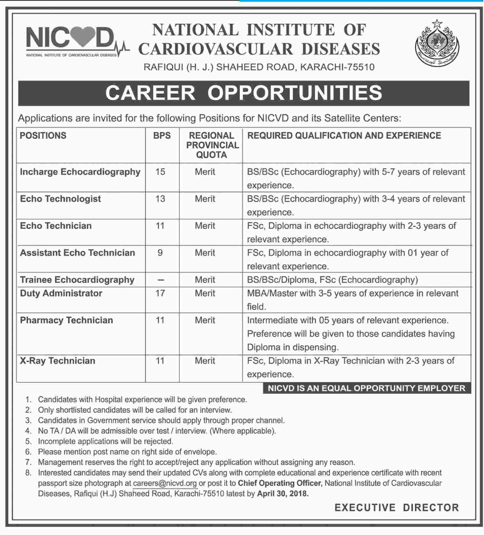 Jobs in National Institute of Cardiovascular Diseases 15 April 2018
