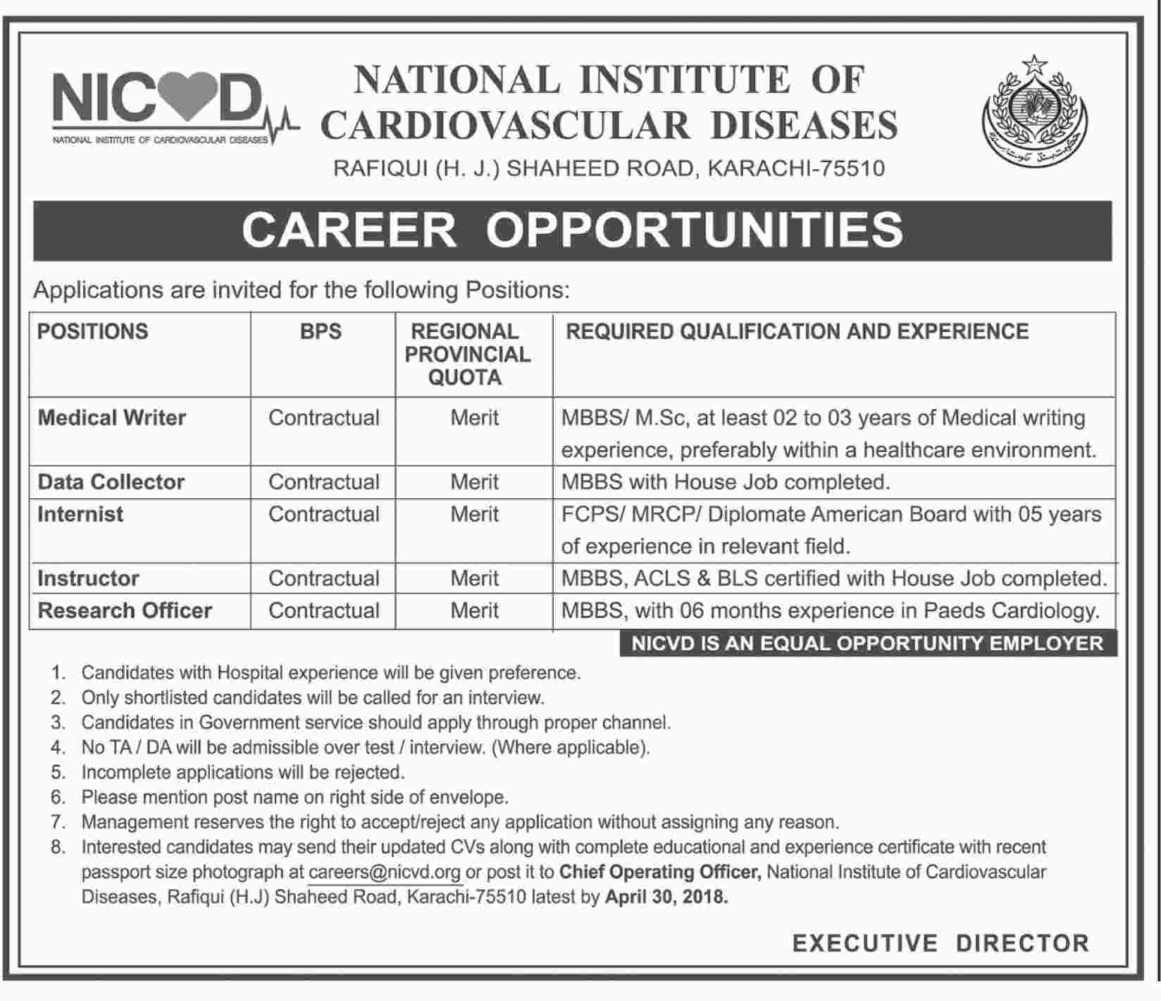 Jobs in National Institute of Cardiovascular Diseases 15 April 2018