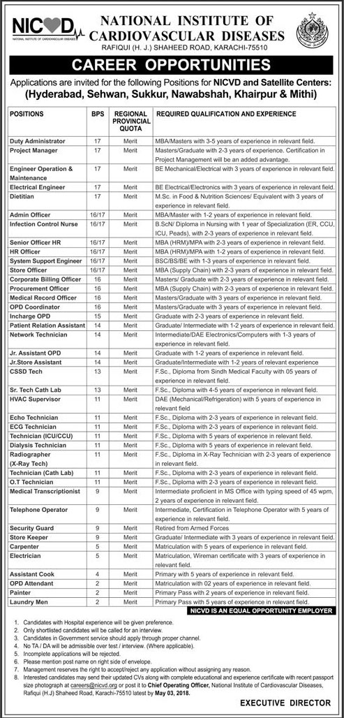 Jobs in National Institute of Cardiovascular Diseases 18 April 2018