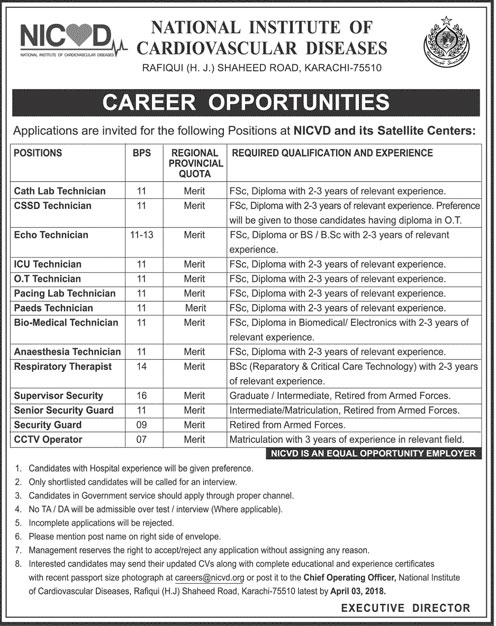 Jobs in National Institute of Cardiovascular Diseases 19 March 2018