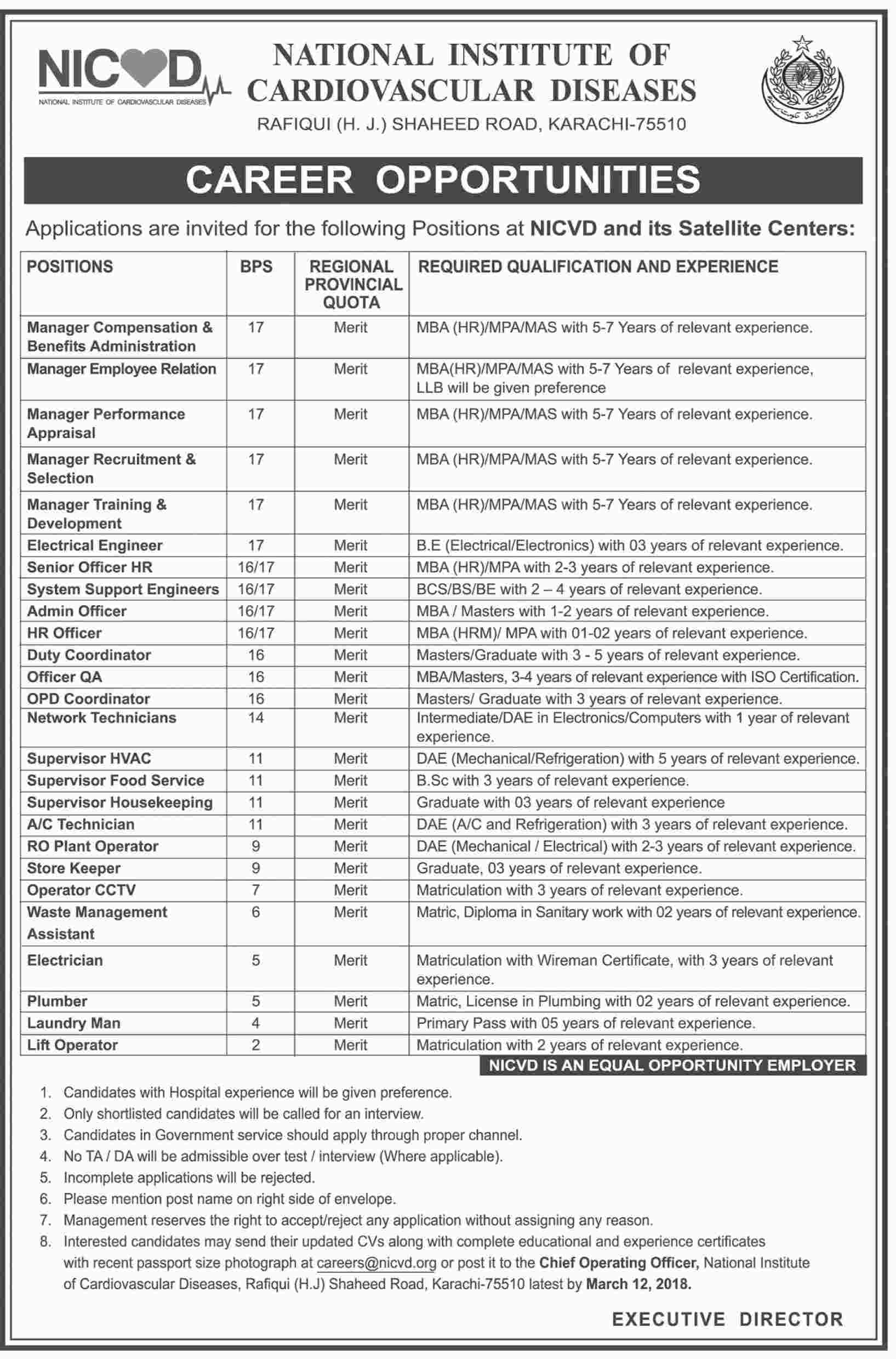 Jobs in National Institute of Cardiovascular Diseases in Karachi 25 Feb 2018