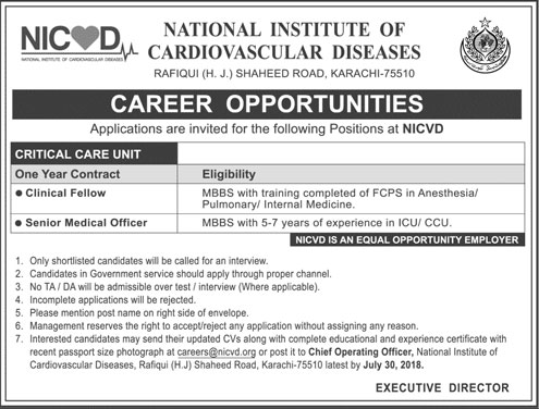 Jobs in National Institute of Cardiovascular Diseases Karachi 15 July 2018