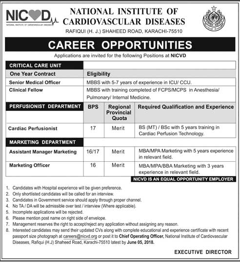 Jobs in National Institute of Cardiovascular Diseases Karachi 20 May 2018
