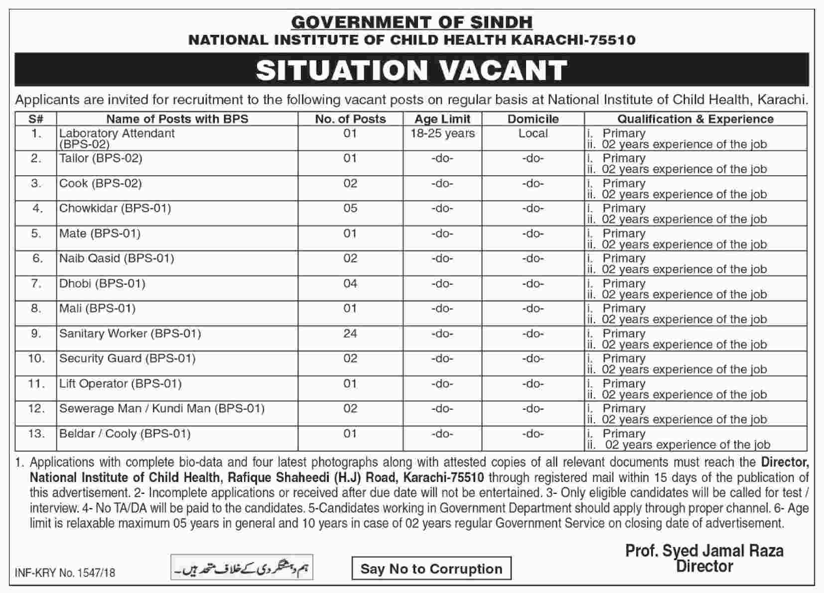 Jobs In National Institute Of Child Health Karachi 22 Mar 2018