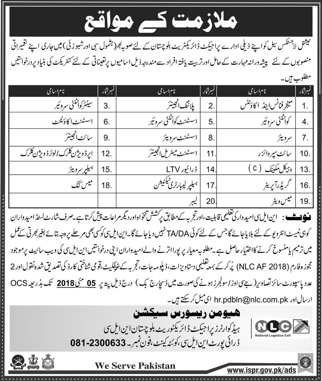 Jobs in National Logistic Cell 21 April 2018
