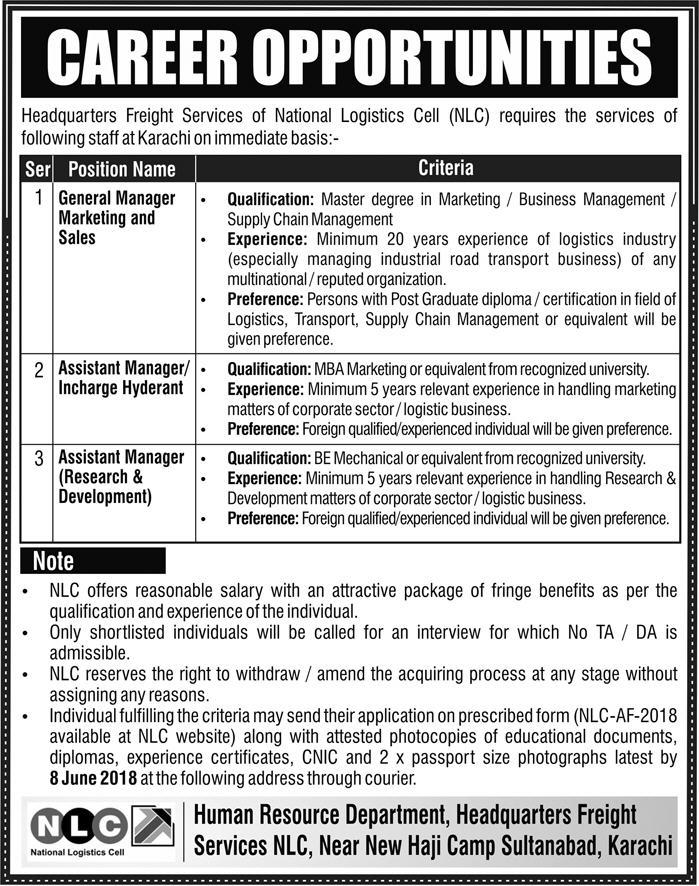 Jobs in National Logistic Cell 24 May 2018