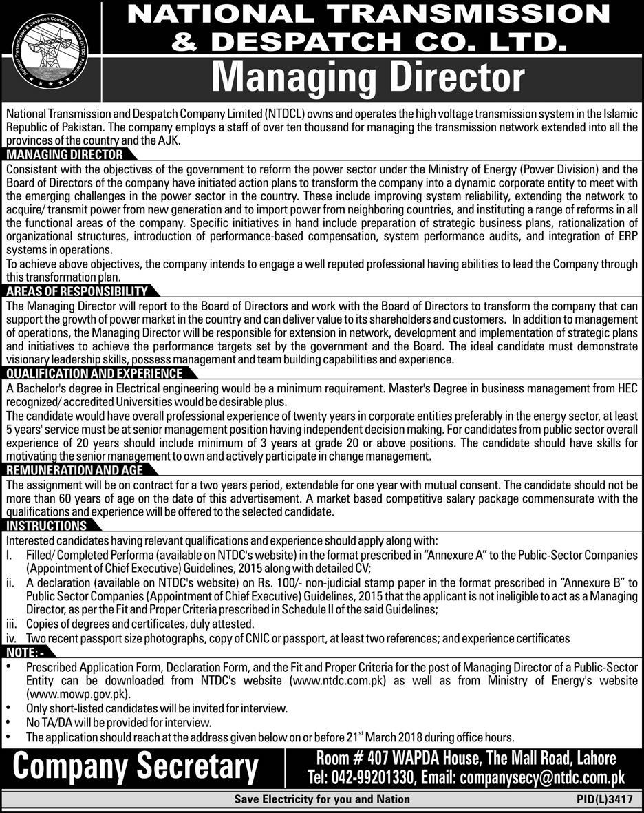 Jobs In National Transmission And Dispatch Company 21 Feb 2018