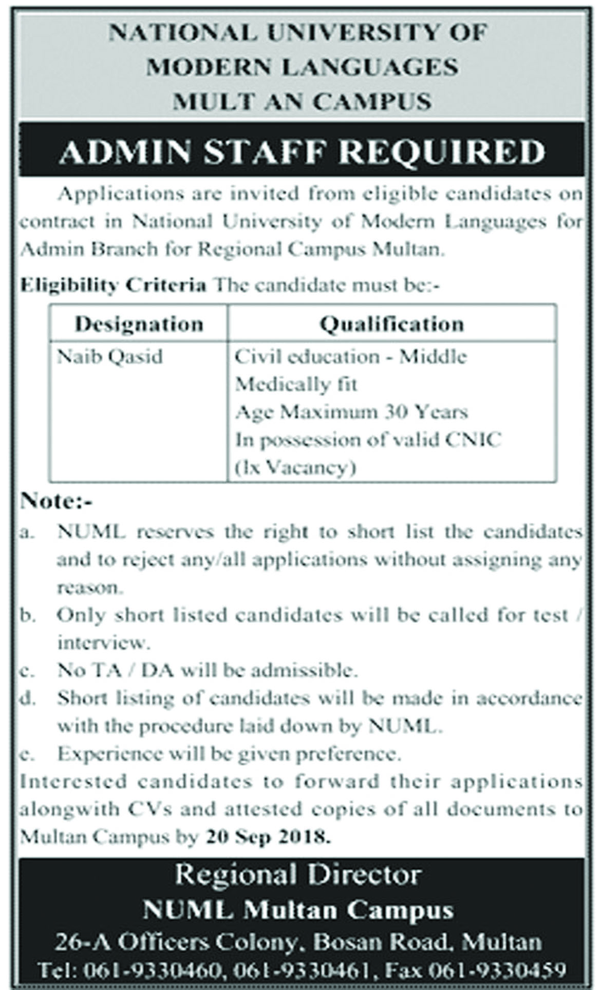 Jobs In National University Of Modern Languages 05 Sep 2018
