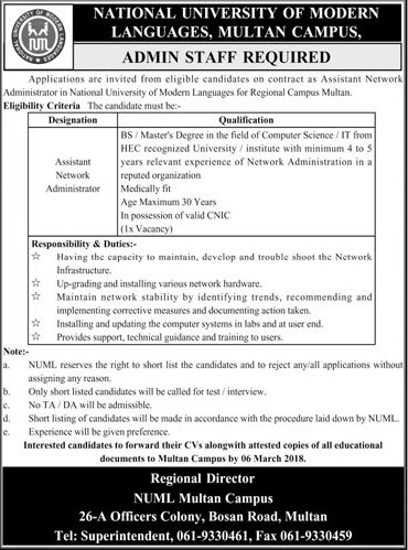 Jobs in National University of Modern Languages in Multan