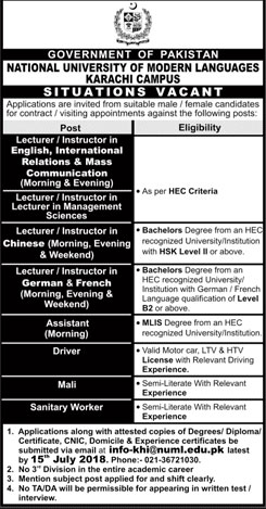 Jobs in National University of Modern Languages Karachi 11 July 2018