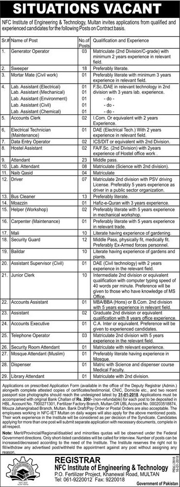 Jobs In NFC Institute Of Engineer & Technology 17 Jan 2018
