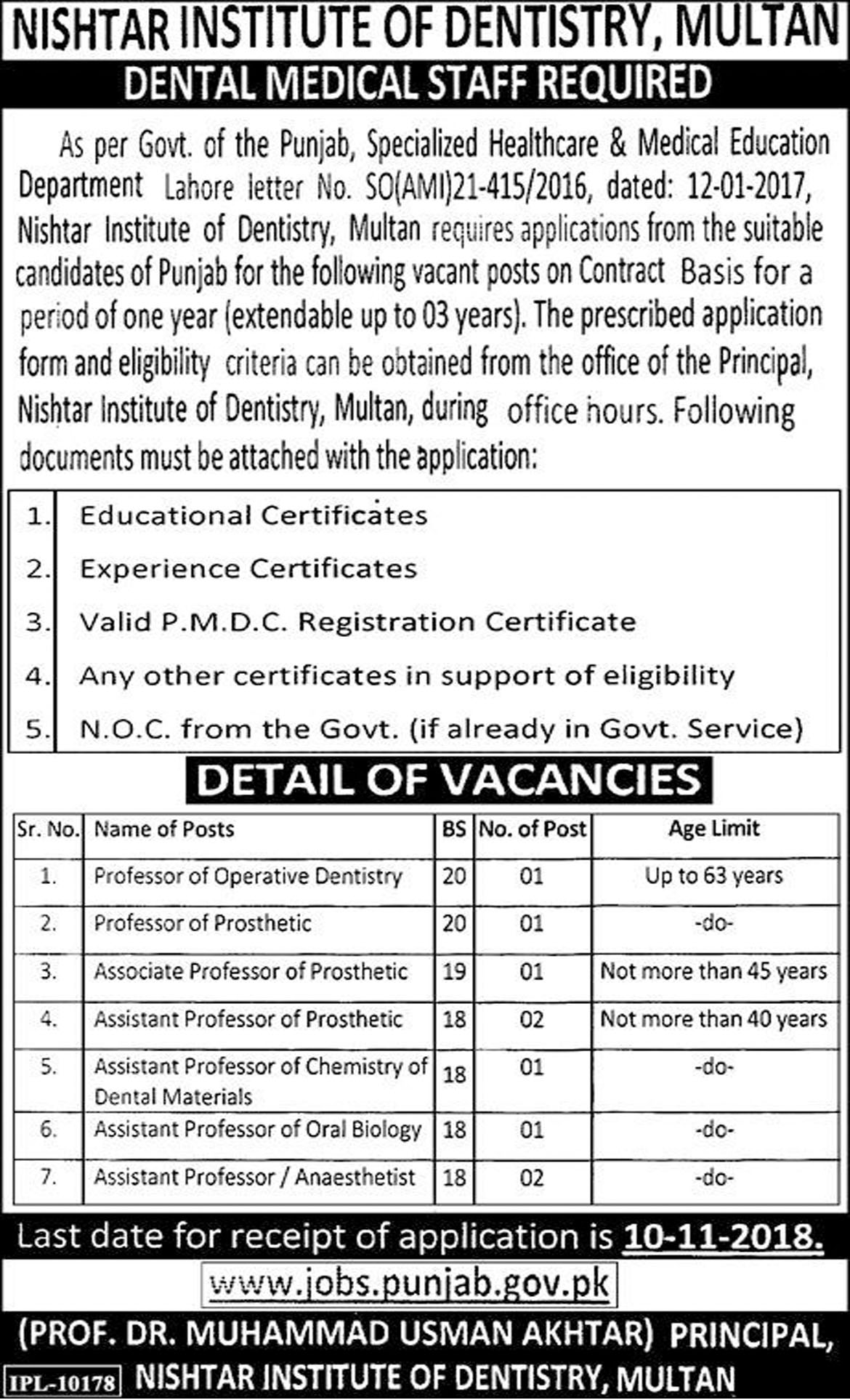 Jobs In Nishtar Institute Of Dentistry Multan 18 Oct 2018