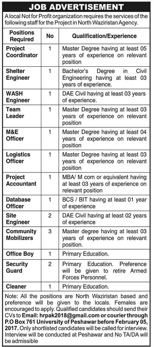 Jobs In North Waziristan Agency 01 Feb 2018