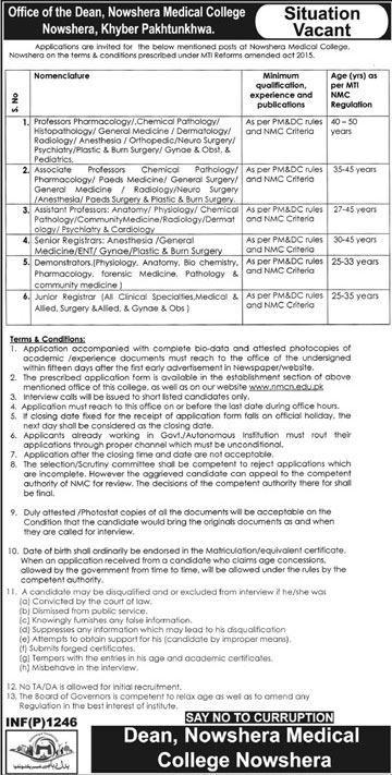 Jobs in Nowshera Medical College 13 March 2018