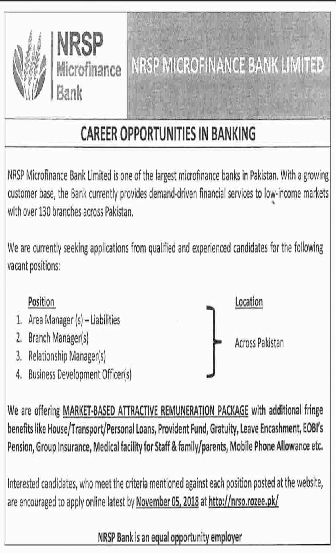 Jobs In NRSP Microfinance Bank Limited 29 Oct 2018