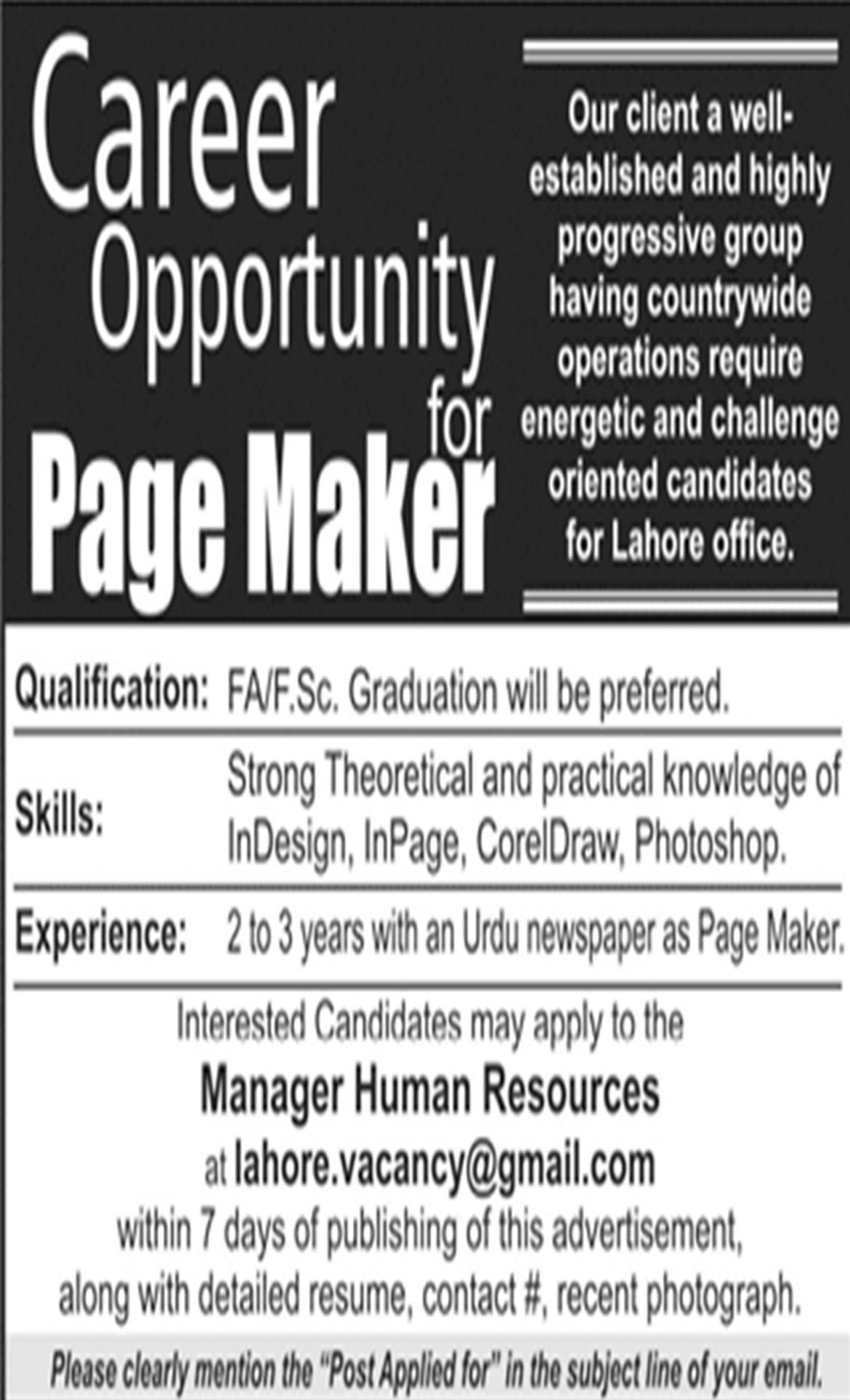 Jobs In Page Maker Required In Lahore 02 Sep  2018