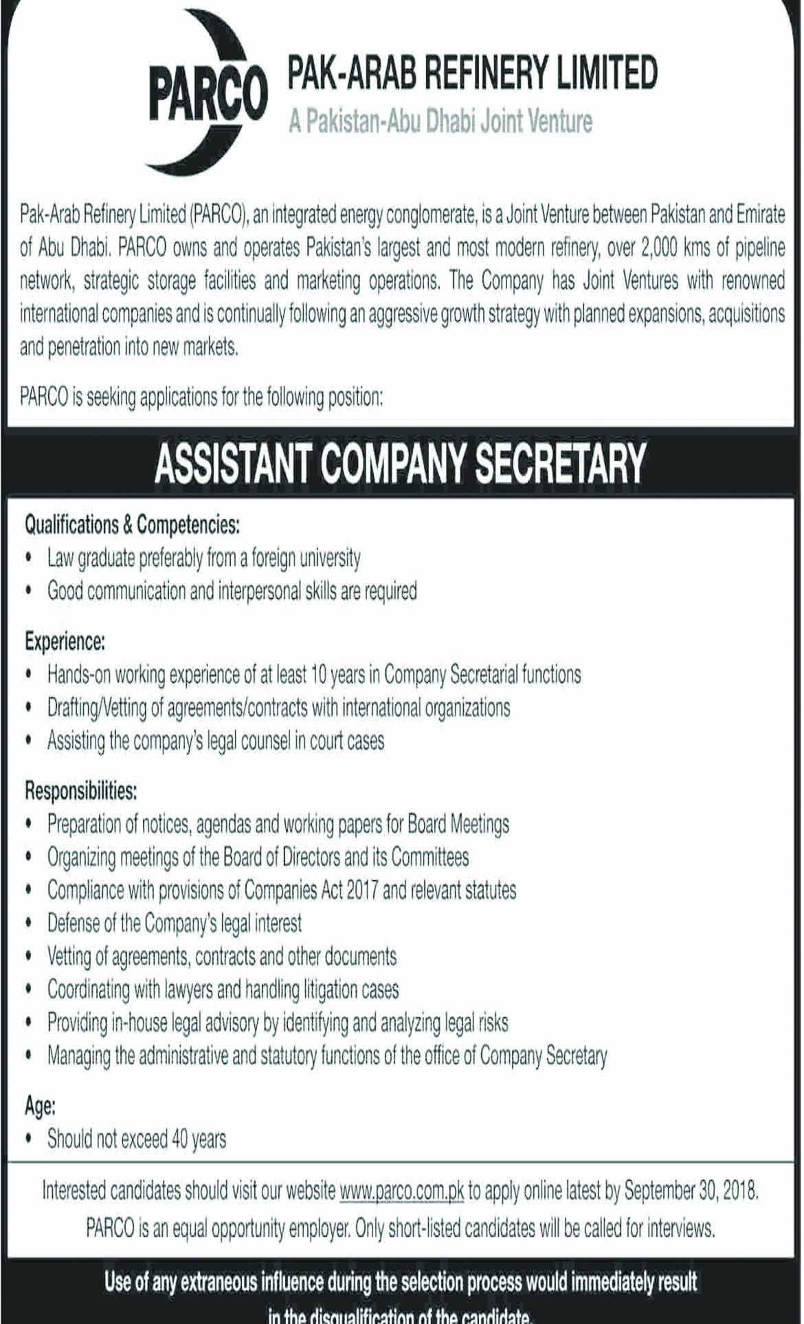 Jobs In Pak Arab Refinery Limited PARCO 17 Sep 2018