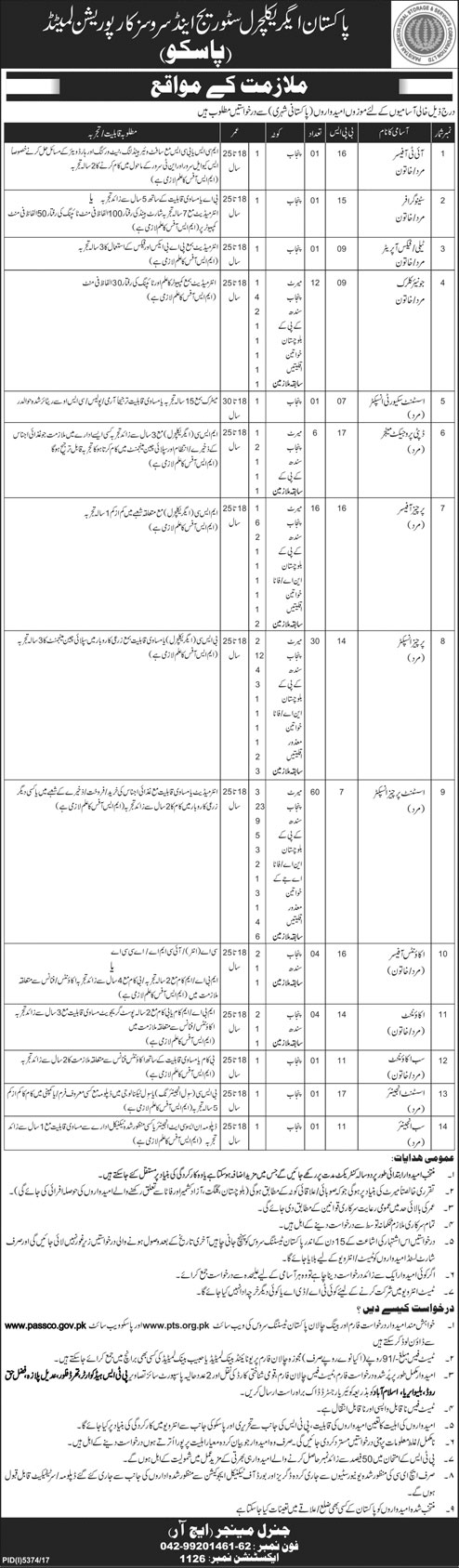 Jobs in Pakistan Agricultural Storage and Services Corporation Limited 01 April 2018