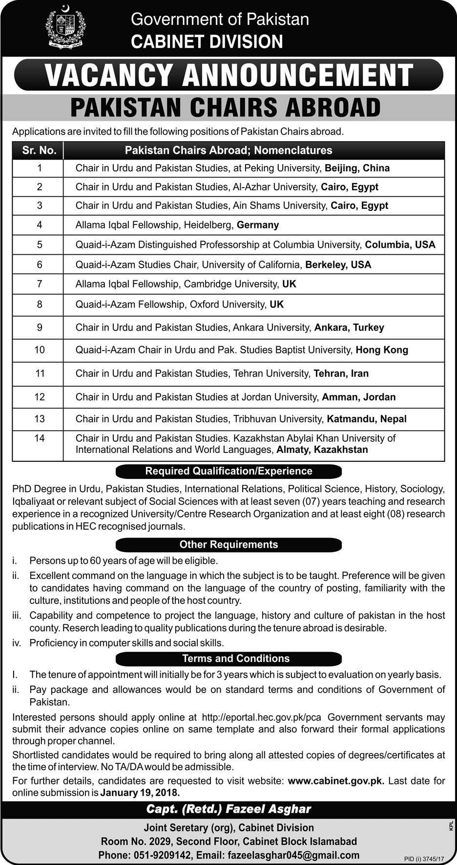 Jobs In Pakistan Chair Abroad 14 Jan 2018