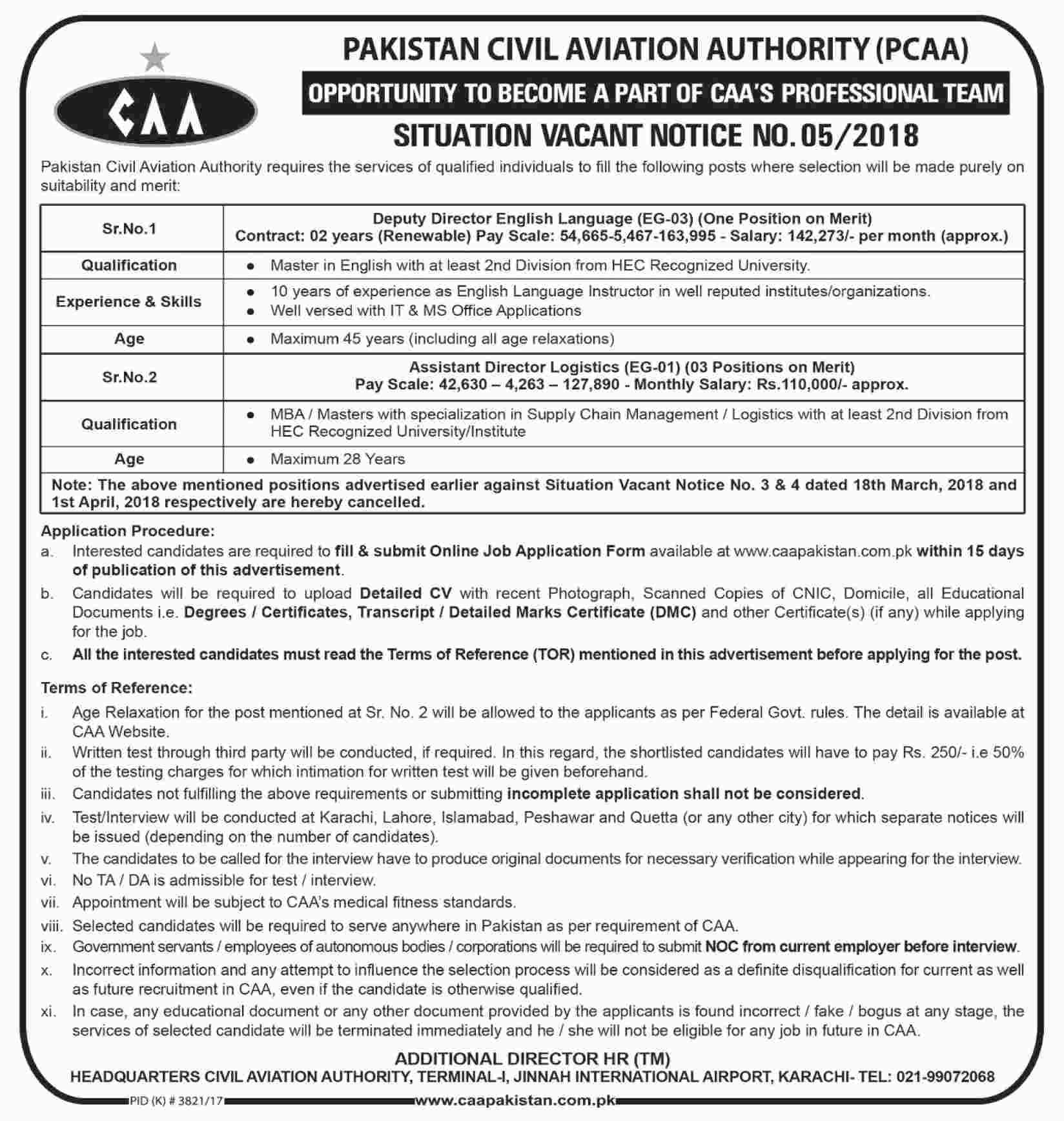 Jobs in Pakistan Civil Aviation Authority 08 April 2018