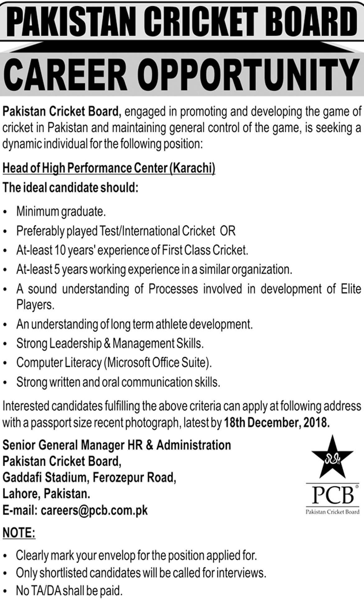 Jobs In Pakistan Cricket Board PCB 05 Dec 2018