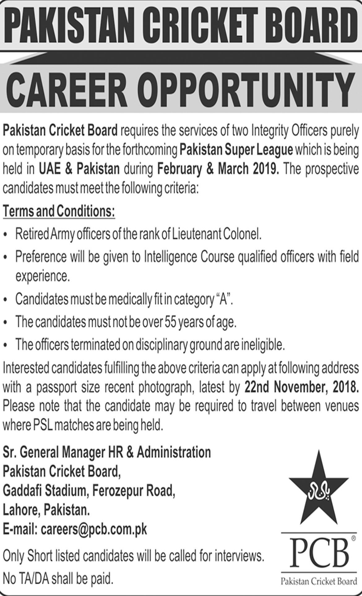 Jobs In Pakistan Cricket Board PCB 07 Nov 2018