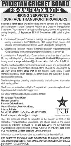 Jobs in Pakistan Cricket Board (PCB) 14 June 2018
