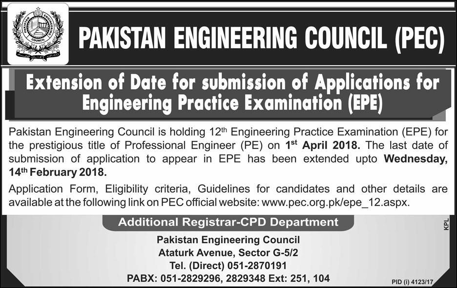 Jobs in Pakistan Engineering Council 01 Feb 2018