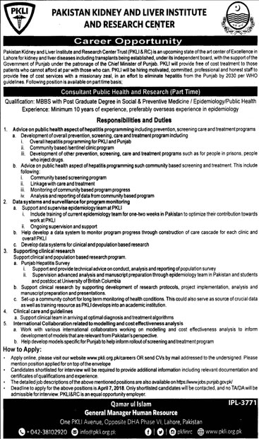 Jobs in Pakistan Kidney and Liver Institute and Research Center 28 March 2018