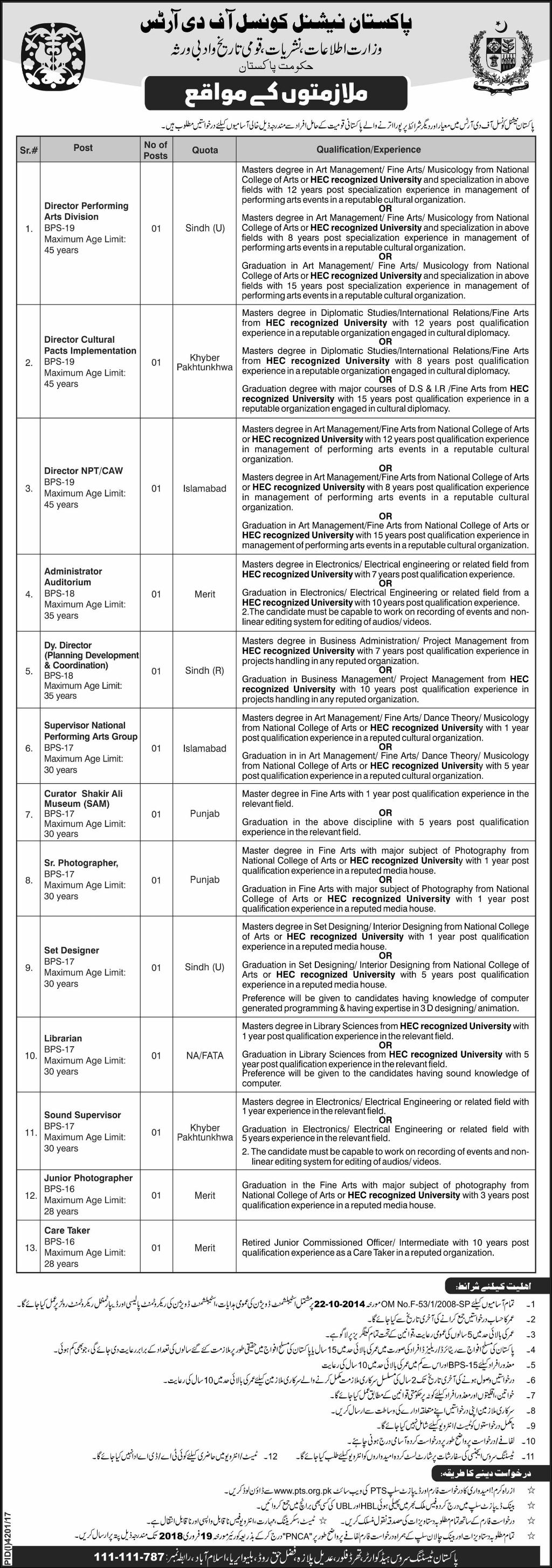 Jobs in Pakistan National Council of Arts in Islamabad 04 Feb 2018