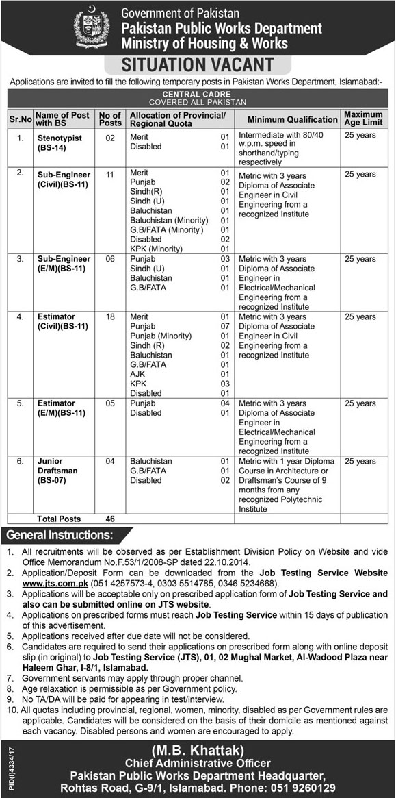 Jobs in Pakistan Public Works Department in Islamabad 11 Feb 2018