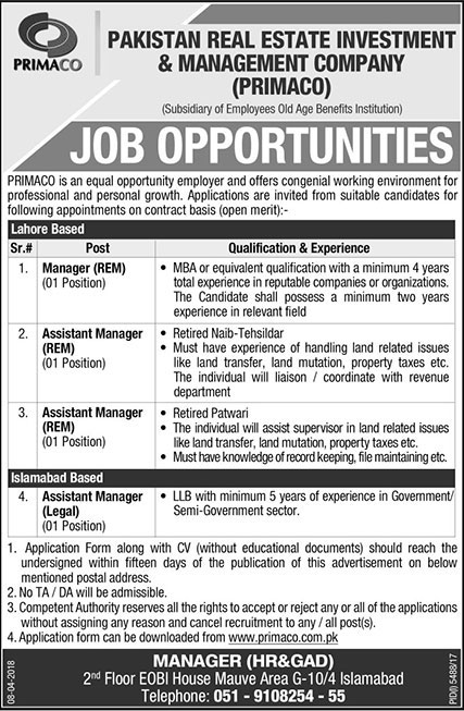 Jobs in Pakistan Real Estate Investment and Management Company 08 April 2018