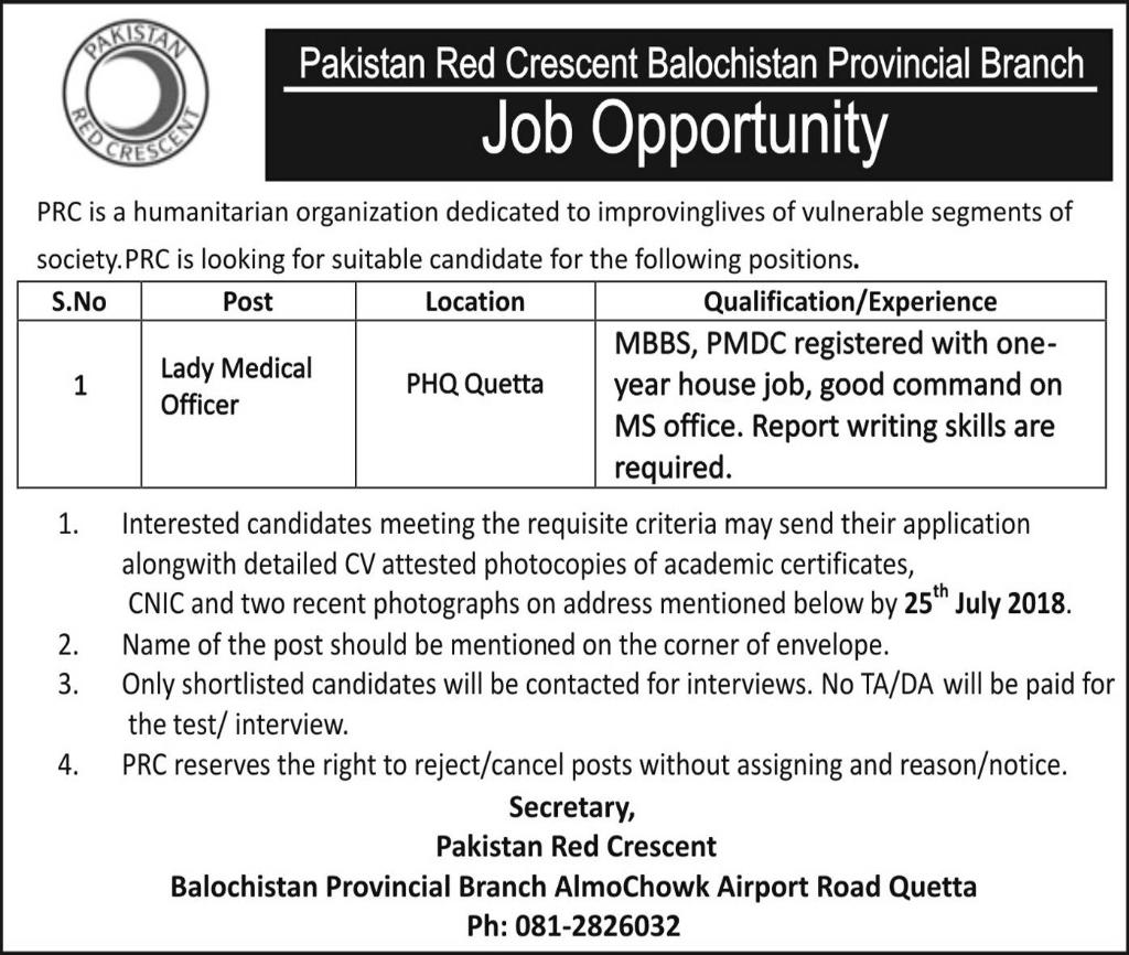 Jobs in Pakistan Red Crescent Balochistan Provincial Branch 11 July 2018