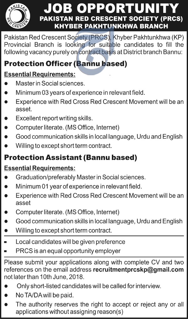 Jobs in Pakistan Red Crescent Society 06 June 2018