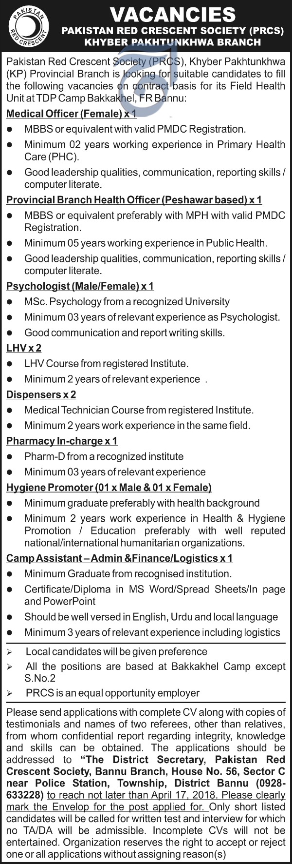 Jobs in Pakistan Red Crescent Society 13 April 2018