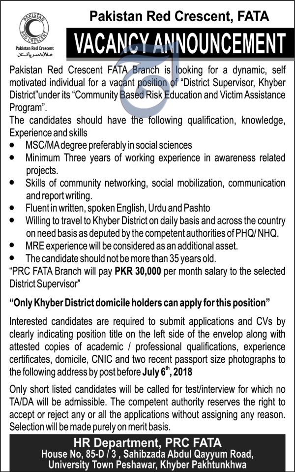 Jobs in Pakistan Red Crescent Society 24 June 2018