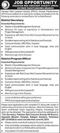 Jobs in Pakistan Red Crescent Society Khyber Pakhtunkhwa 26 May 2018