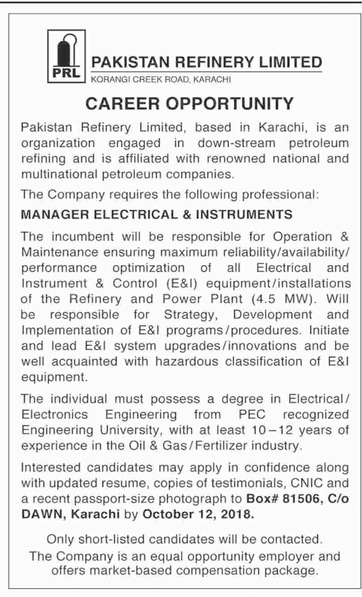 Jobs In Pakistan Refinery Limited 02 Oct 2018
