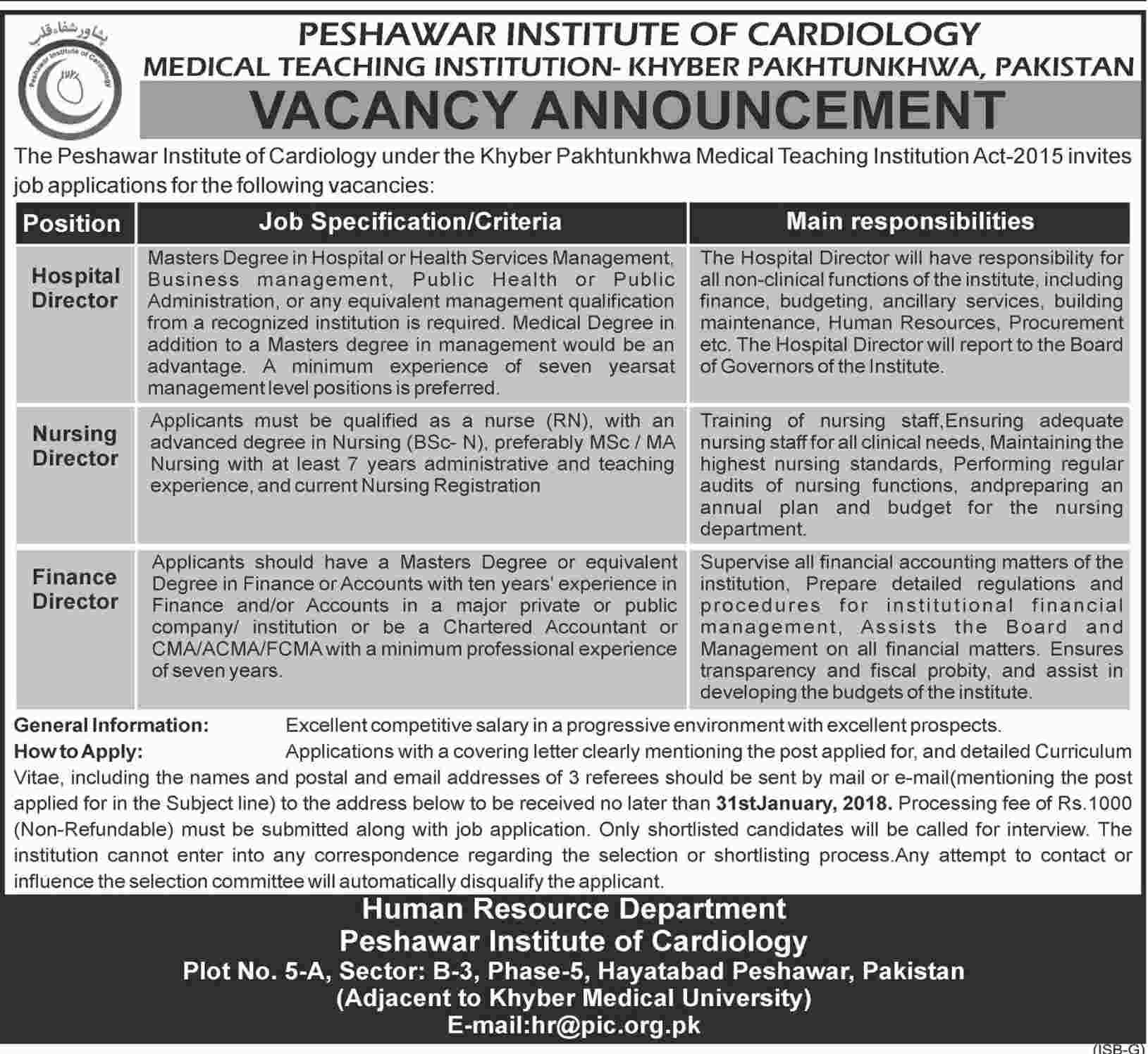 Jobs In Peshawar Institute Of Cardiologist 16 Jan 2018