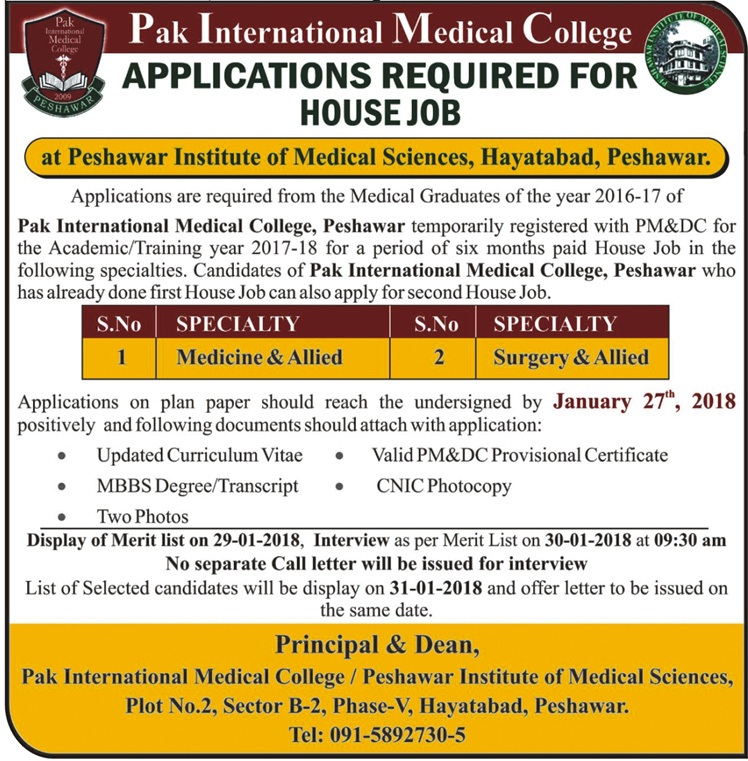 Jobs In Peshawar Institute Of Medical Sciences 23 Jan 2018