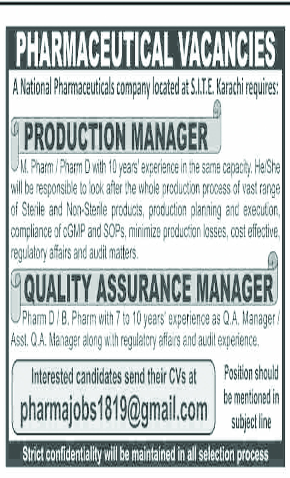 Jobs In Production Manager, Quality Assurance Manager In  Karachi 17 Sep 2018