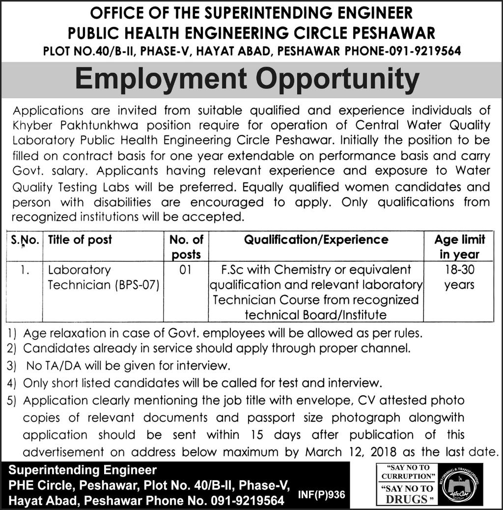Jobs In Public Health Engineering Circle Peshawar 23 Feb 2018