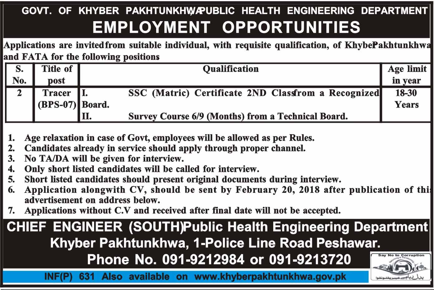 Jobs In Public Health Engineering Department Khyber Pakhtunkhawa 06 Feb 2018