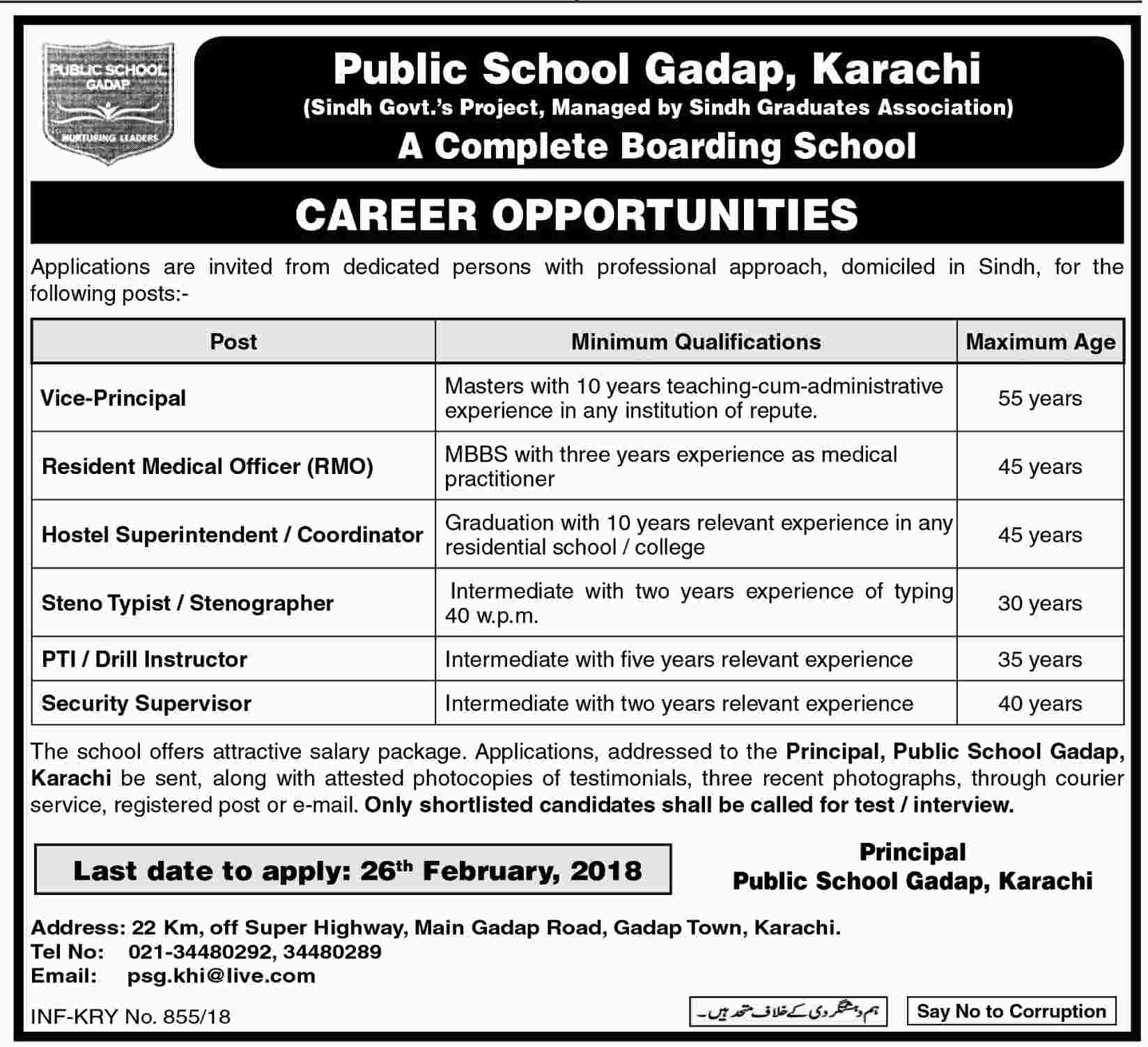 Jobs In Public School Gadap 15 Feb 2018