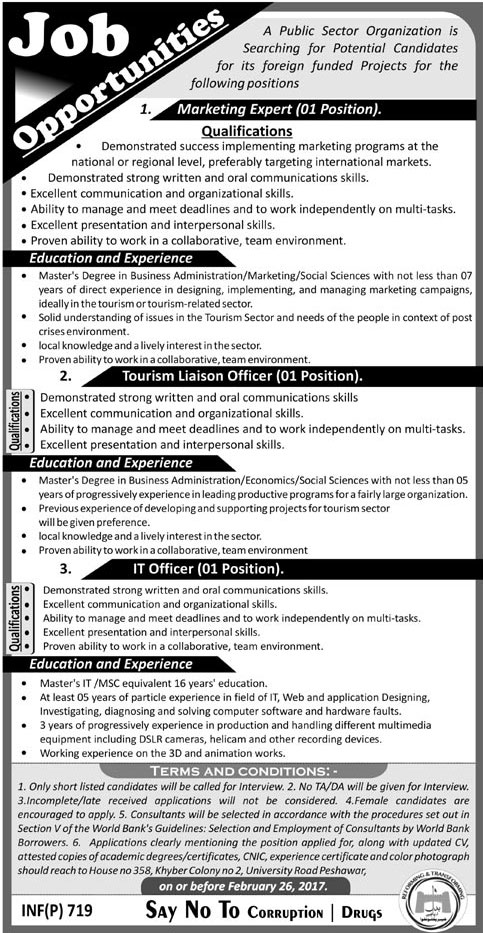 Jobs in Public Sector Organization in Peshawar 18 Feb 2018